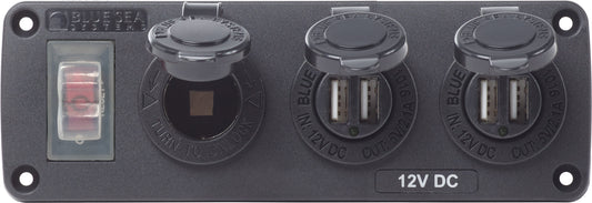 Blue Sea Water-Resistant 12V 15A Circuit Accessory Panel with 12v Socket and Dual USB Charger.