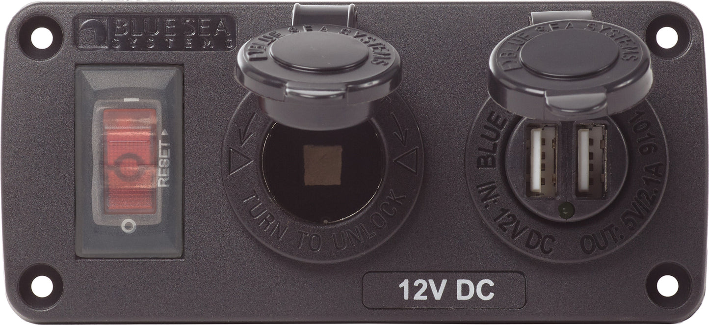 Blue Sea Water-Resistant 12V 15A Circuit Accessory Panel with 12v Socket and Dual USB Charger.