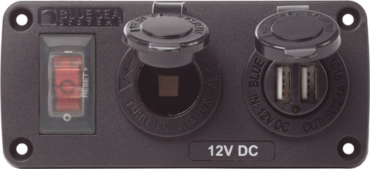 Blue Sea Water-Resistant 12V 15A Circuit Accessory Panel with 12v Socket and Dual USB Charger.