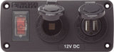 Blue Sea Water-Resistant 12V 15A Circuit Accessory Panel with 12v Socket and Dual USB Charger.