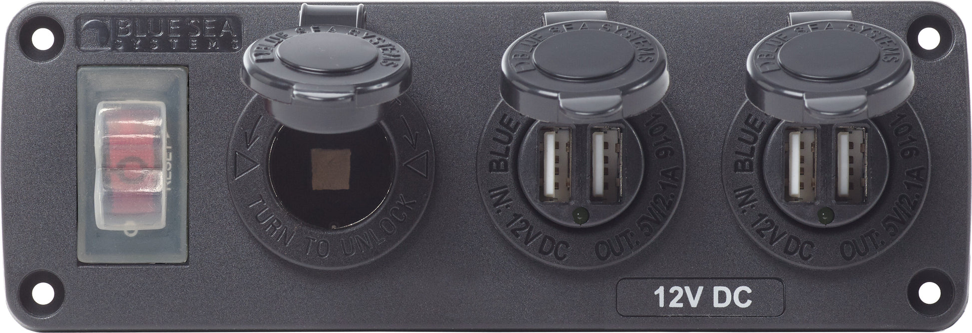Blue Sea Water-Resistant 12V 15A Circuit Accessory Panel with 12v Socket and Dual USB Charger.
