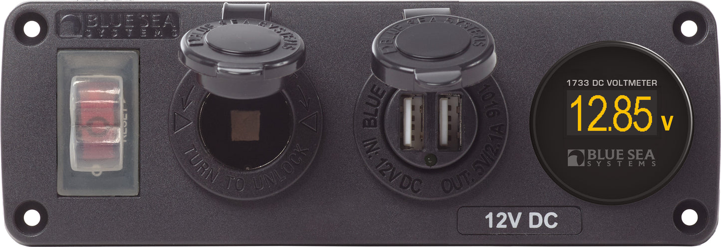 Blue Sea Water-Resistant 12V 15A Circuit Accessory Panel Socket, Dual USB, With Volt Meter.