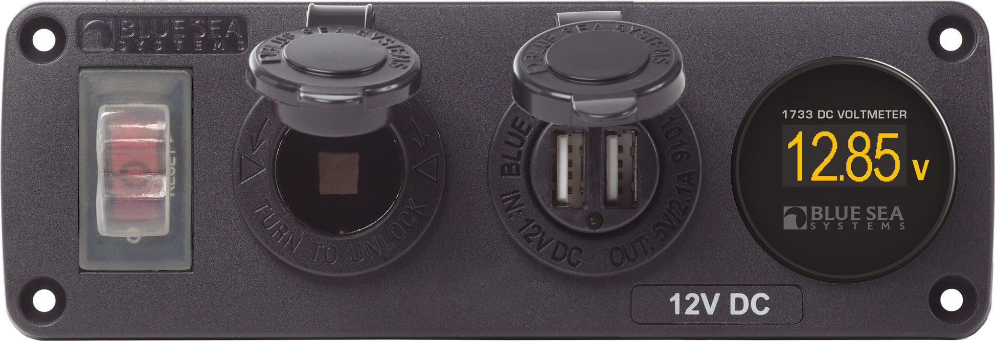 Blue Sea Water-Resistant 12V 15A Circuit Accessory Panel Socket, Dual USB, With Volt Meter.