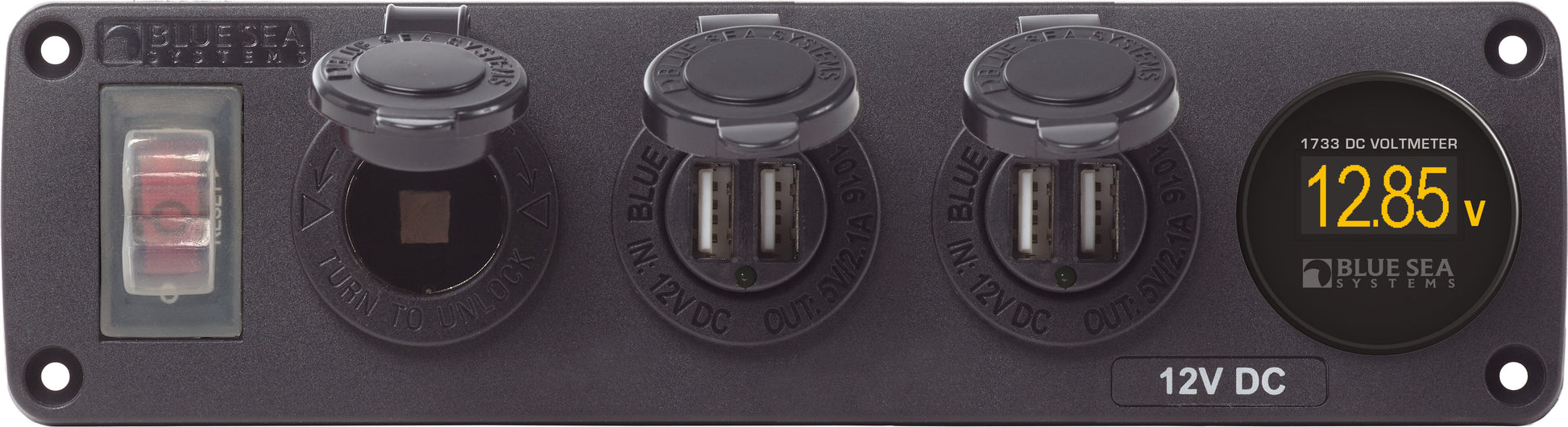 Blue Sea Water-Resistant 12V 15A Circuit Accessory Panel Socket, Dual USB, With Volt Meter.